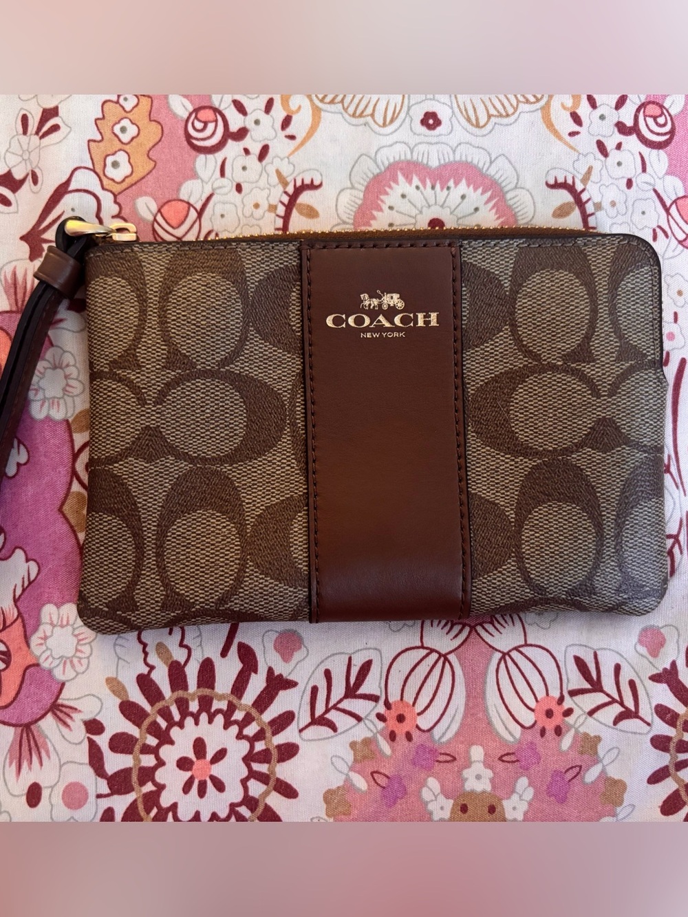 Coach Brown Signature Canvas Wristlet with Leather Stripe